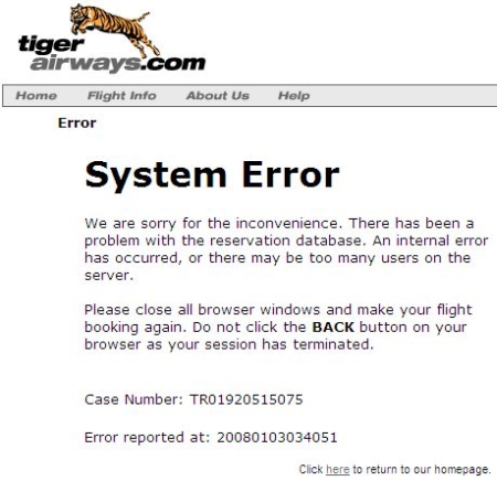 tiger airways system failure screenshot