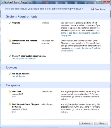 windows 7 upgrade advisor report result dell screenshot