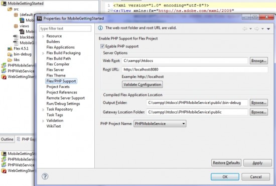 xampp flash builder php mobile app project setting
